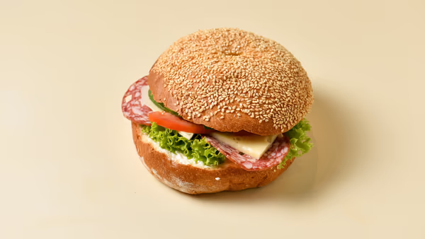 Salami Thassos with Edam Cheese in Sesame Bagel