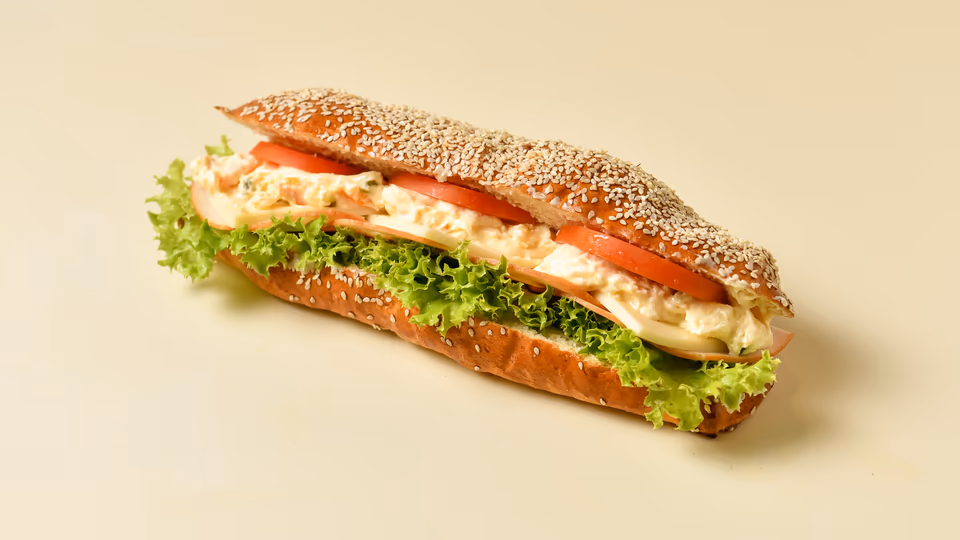 Smoked Turkey, Edam Cheese & Homemade Russian Salad in Sesame Baguette Brioche